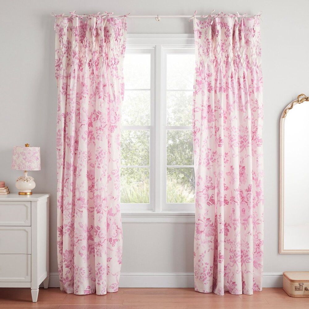 2 LoveShackFancy Pink Garden Damask Smocked Light-Filtering Curtains 52"Wx84"